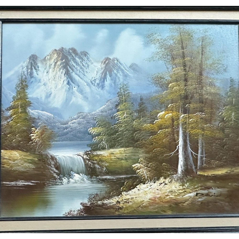 VTG Original Oil Painting 26x22 Inch Mountain Waterfall Landscape Signed Framed